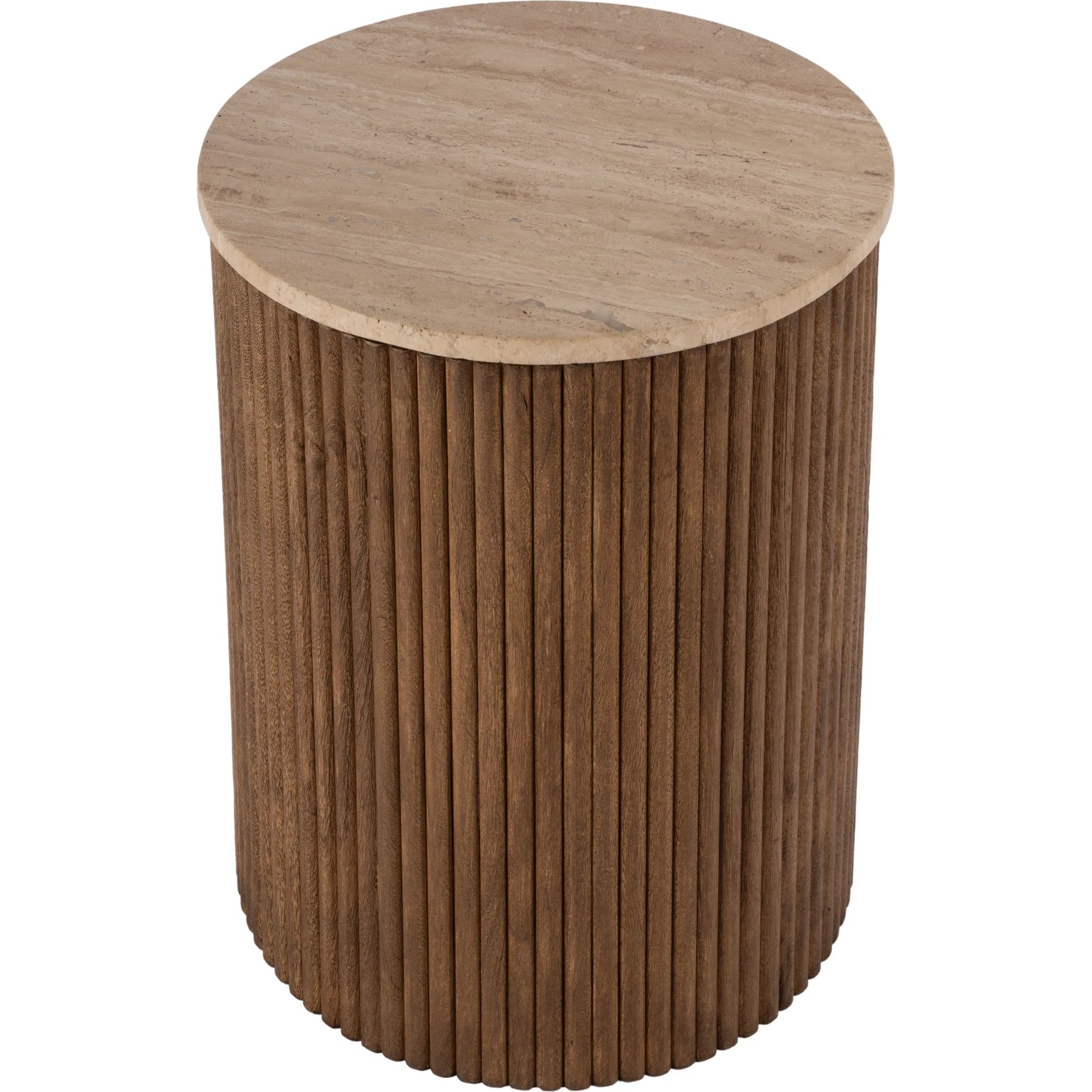Ruby Fluted Round Side Table by Butler Specialty Company in brown. Made from mango solids, travertine stone in a transitional style.