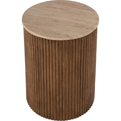 Ruby Fluted Round Side Table by Butler Specialty Company in brown. Made from mango solids, travertine stone in a transitional style.