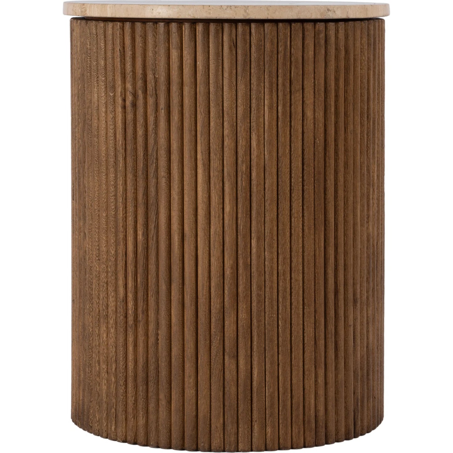 003 SI-2334013 | Additional Silo | Ruby Fluted Round Side Table by Butler Specialty Company in brown. Made from mango solids, travertine stone in a transitional style.