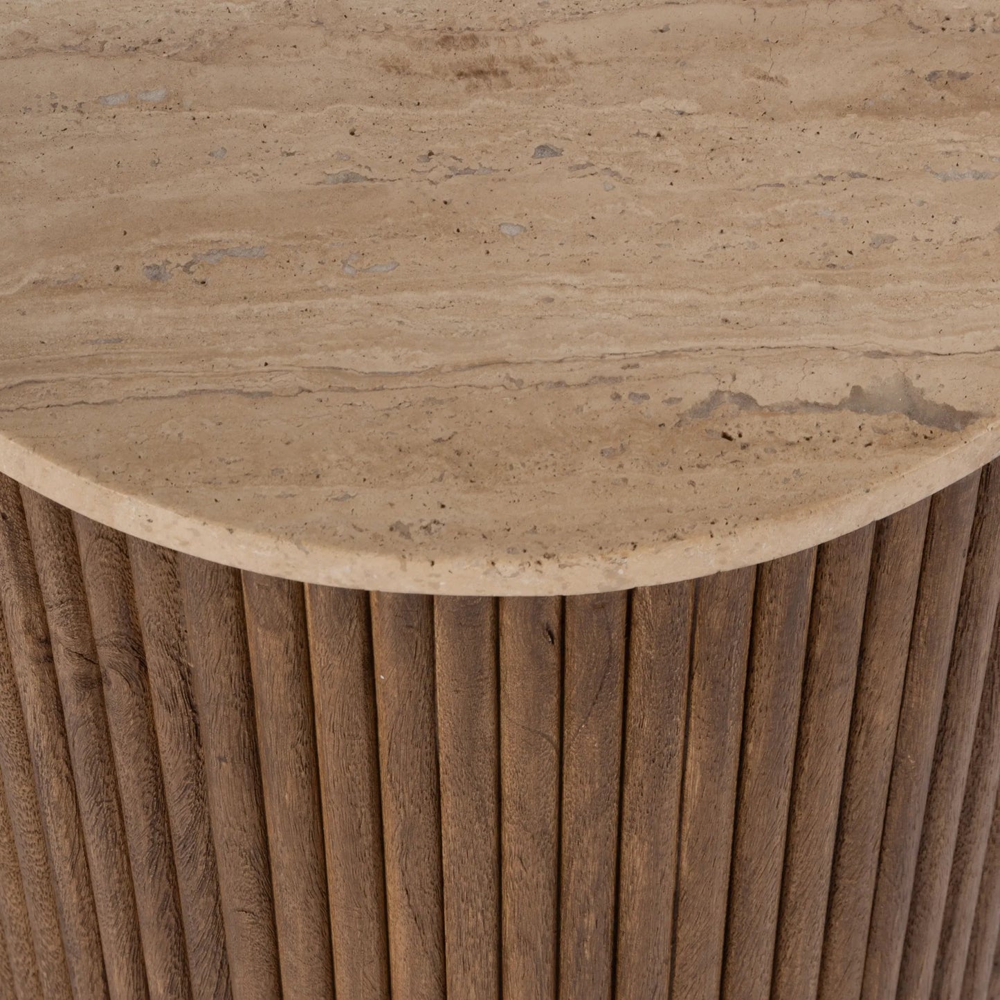004 SI-2334013 | Closeup | Ruby Fluted Round Side Table by Butler Specialty Company in brown. Made from mango solids, travertine stone in a transitional style.