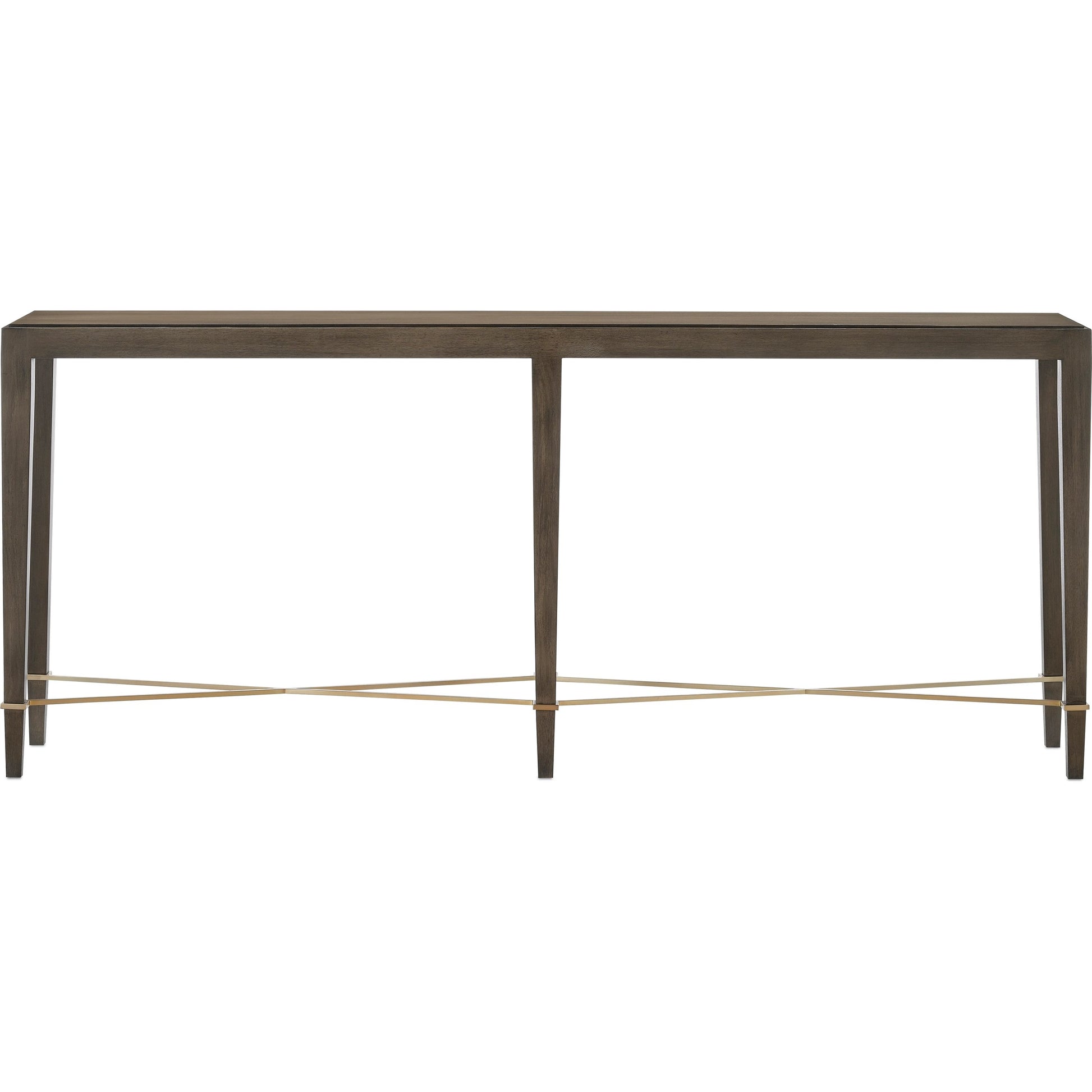 Verona Chanterelle Console Table by Currey and Company in chanterelle, champagne. Made from mahogany, brass, iron in a transitional style.