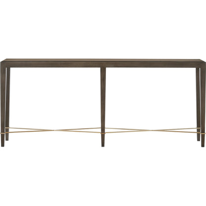 Verona Chanterelle Console Table by Currey and Company in chanterelle, champagne. Made from mahogany, brass, iron in a transitional style.