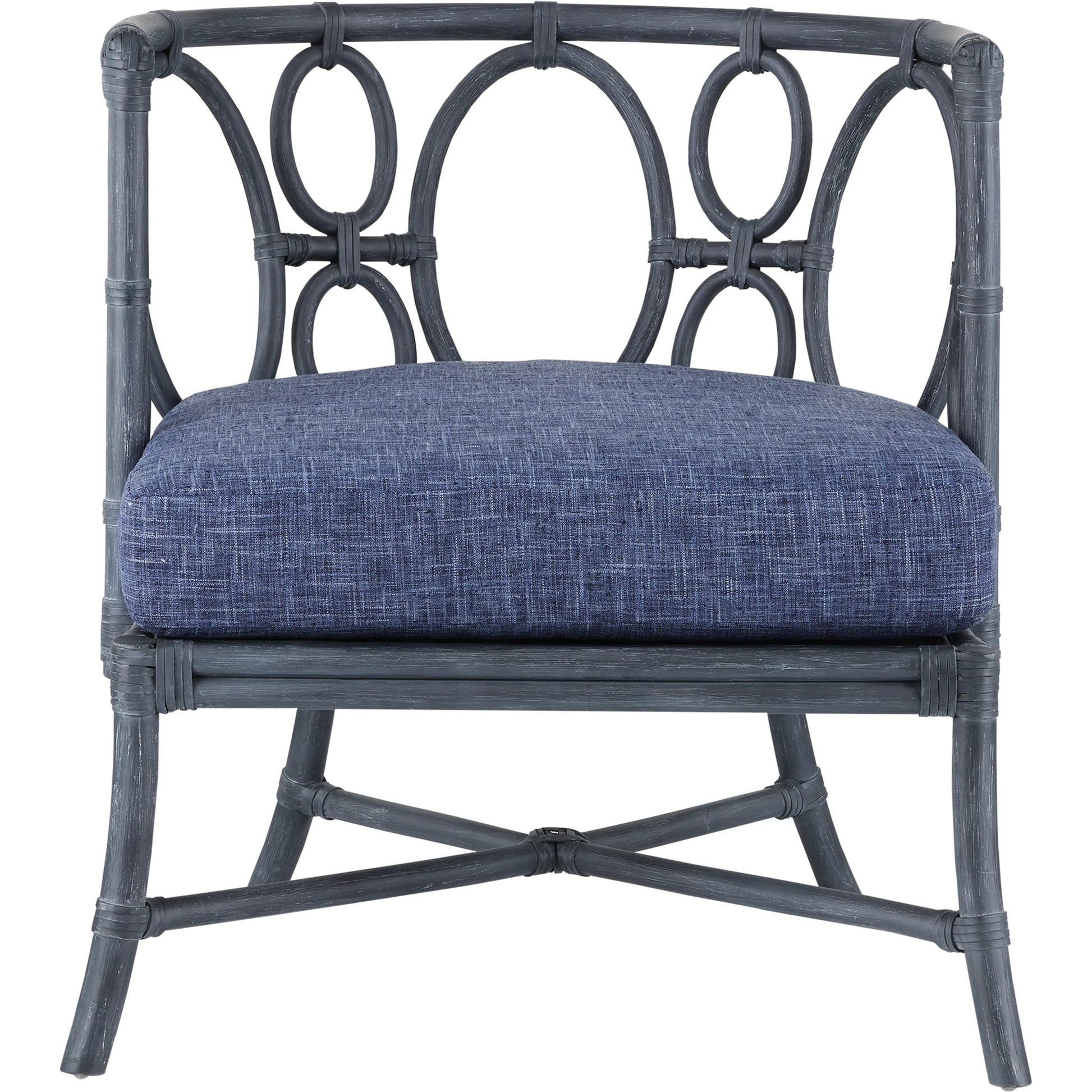 Tegal Chair by Currey and Company in vintage navy, indigo. Made from rattan, plywood, fabric, foam in a coastal style.