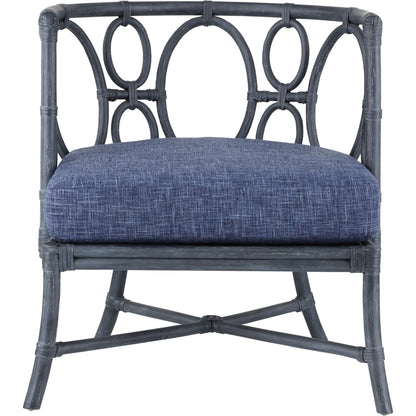 Tegal Chair by Currey and Company in vintage navy, indigo. Made from rattan, plywood, fabric, foam in a coastal style.