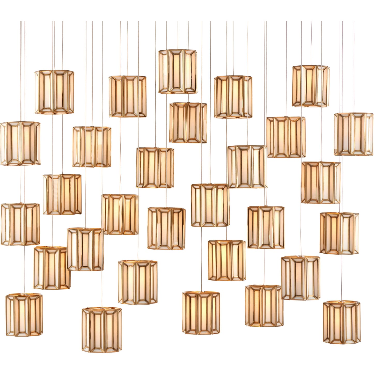 001 SI-1894266 | Primary Silo | Daze 30-LIGHT Multi-Drop Pendant by Currey and Company in antique brass, white, painted silver. Made from frosted glass in a modern style.