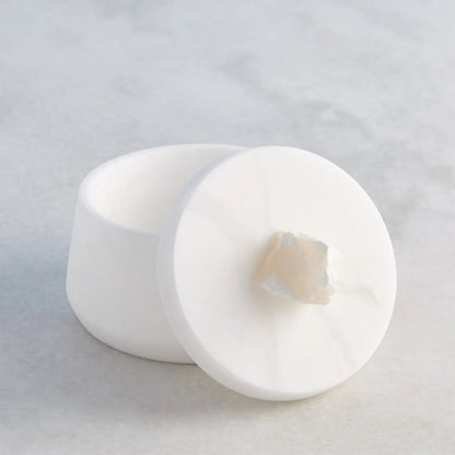 Alabaster Tapered Round Box with Rock Finial by Global Views in white. Made from alabaster in a modern style.