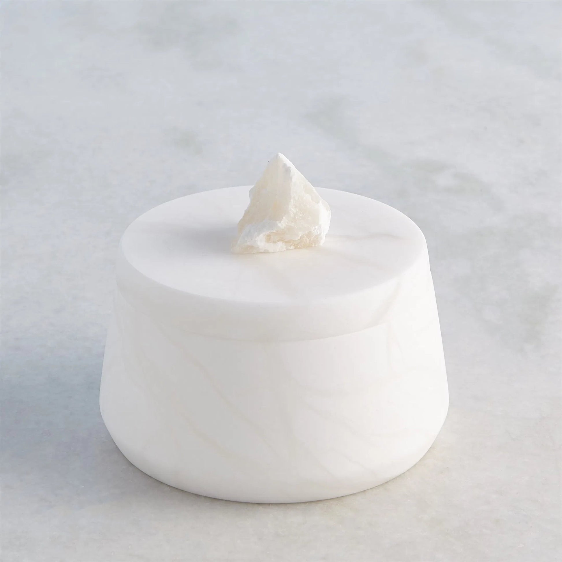 Alabaster Tapered Round Box with Rock Finial by Global Views in white. Made from alabaster in a modern style.