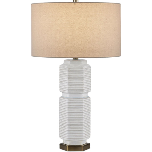 Glebe Table Lamp by Currey and Company in white, beige, blue, antique brass. Made from ceramic, metal in a modern style.