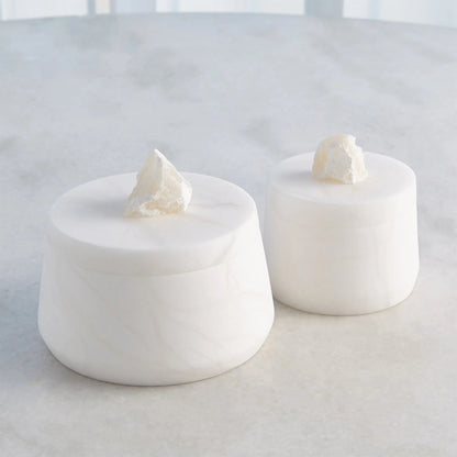 Alabaster Tapered Round Box with Rock Finial by Global Views in white. Made from alabaster in a modern style.