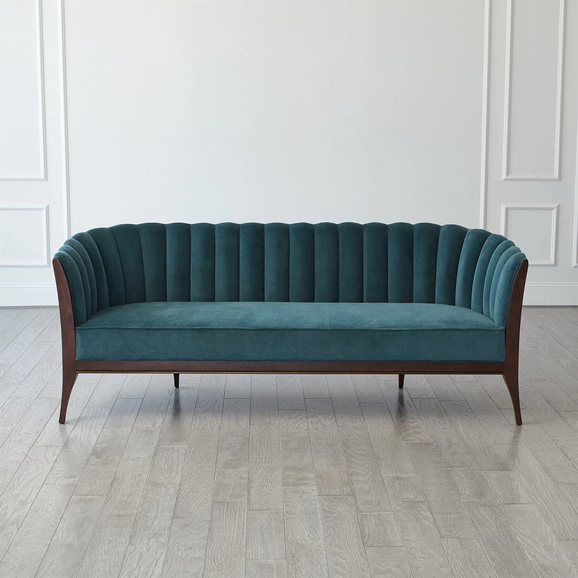 Channel Back Sofa by Global Views. Made from solid walnut, fabric, wood, 100% cotton, double rub: 50,000 in a modern style.