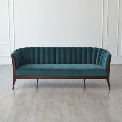 Channel Back Sofa by Global Views. Made from solid walnut, fabric, wood, 100% cotton, double rub: 50,000 in a modern style.