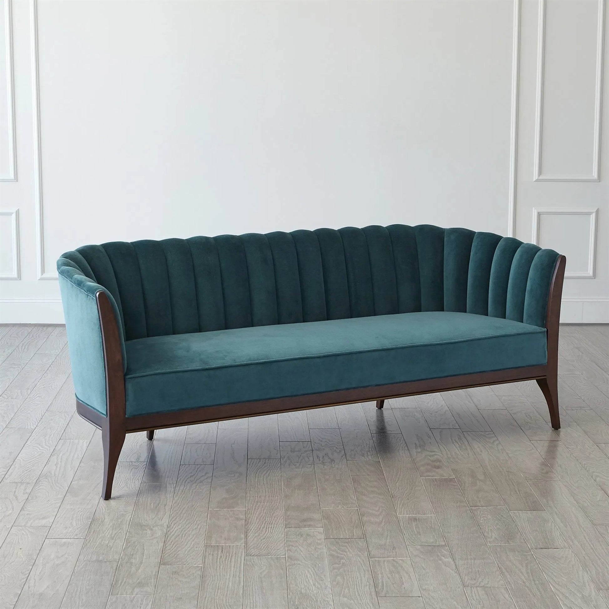 Channel Back Sofa by Global Views. Made from solid walnut, fabric, wood, 100% cotton, double rub: 50,000 in a modern style.