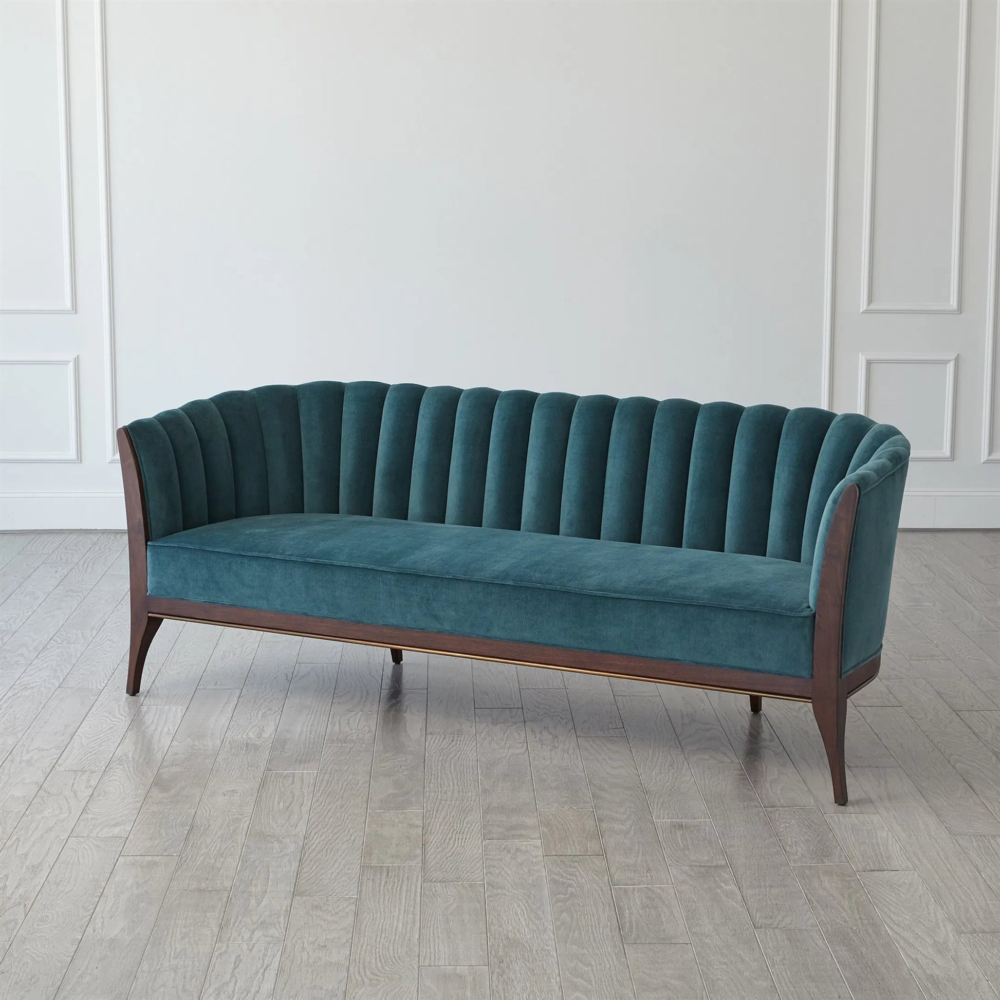 Channel Back Sofa by Global Views. Made from solid walnut, fabric, wood, 100% cotton, double rub: 50,000 in a modern style.