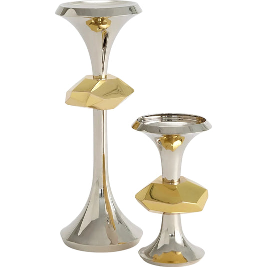 Gabriel Nickel Candle Holder by Global Views in nickel and shiny brass. Made from unique in a modern style.