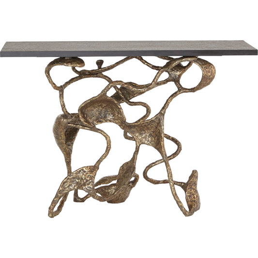 Drift Console by Global Views in faux bronze. Made from iron, cast iron, honed black marble in a unique style.