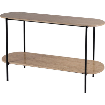 Rinaldi 2-Tier Console Table by Butler Specialty Company in natural. Made from iron, travertine marble and mdf in a transitional style.