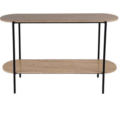 Rinaldi 2-Tier Console Table by Butler Specialty Company in natural. Made from iron, travertine marble and mdf in a transitional style.