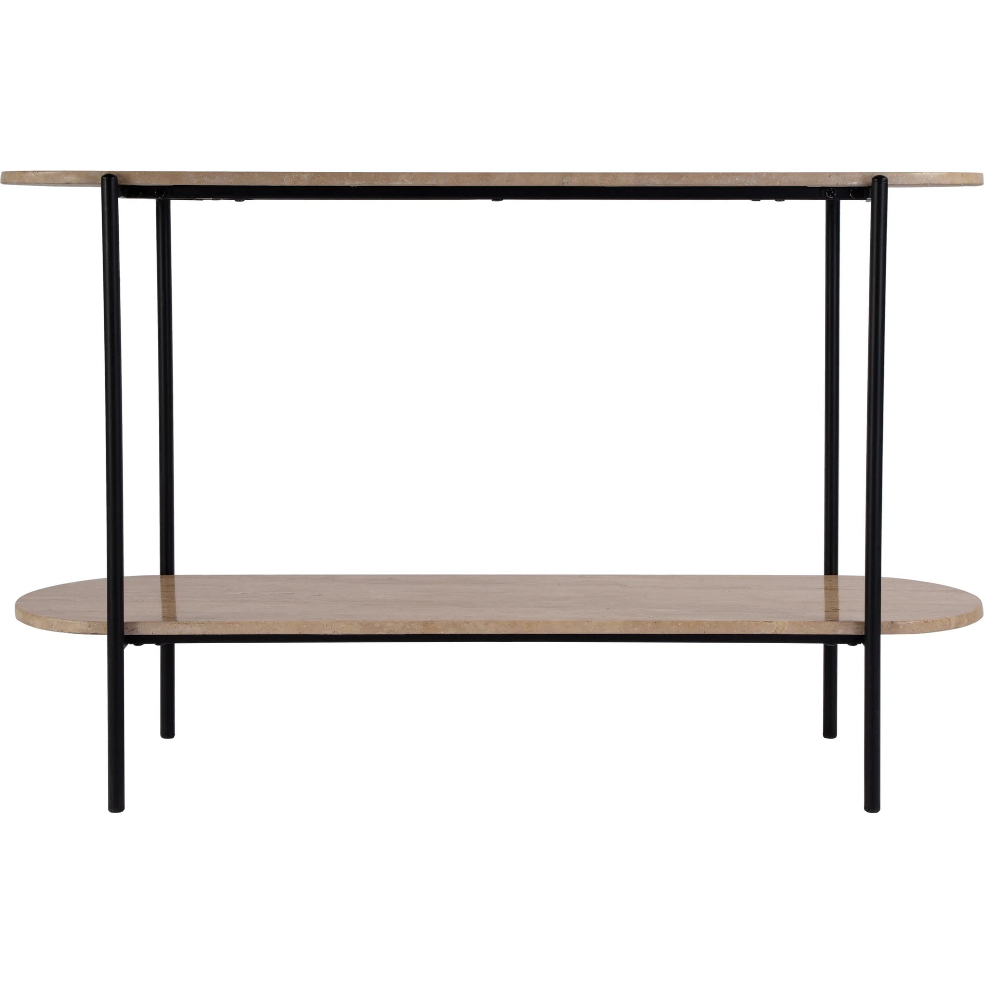 Rinaldi 2-Tier Console Table by Butler Specialty Company in natural. Made from iron, travertine marble and mdf in a transitional style.