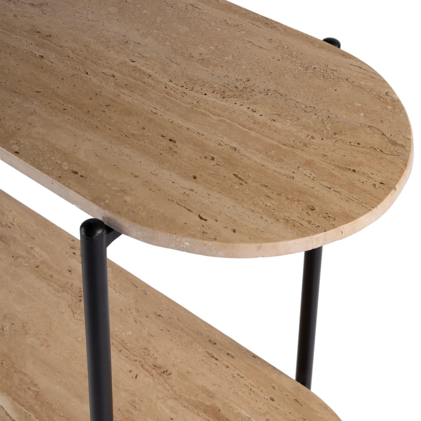 004 SI-2334012 | Closeup | Rinaldi 2-Tier Console Table by Butler Specialty Company in natural. Made from iron, travertine marble and mdf in a transitional style.