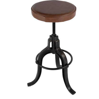 Knight Adjustable Height Leather & Iron Bar Stool by Butler Specialty Company in brown. Made from iron, leather, plywood in a traditional style.