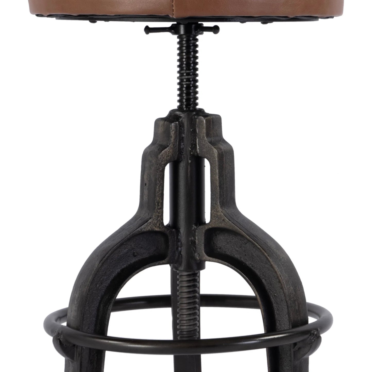 006 SI-2333956 | Closeup | Knight Adjustable Height Leather & Iron Bar Stool by Butler Specialty Company in brown. Made from iron, leather, plywood in a traditional style.