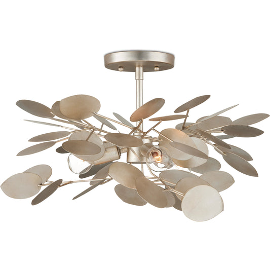 Lunaria Semi-Flush Mount by Currey and Company in contemporary silver leaf. Made from wrought iron in a unique style.