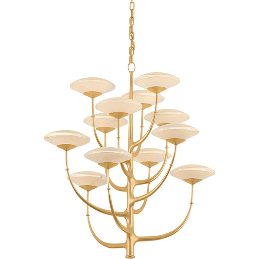 Pluro Chandelier by Corbett in vintage gold leaf. Made from steel in a unique style.