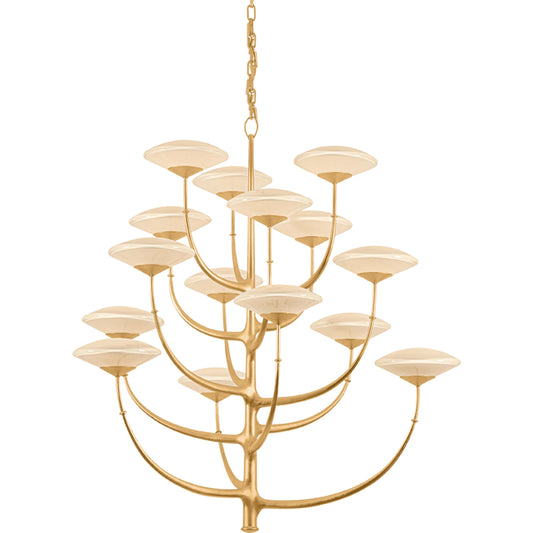 Pluro Chandelier by Corbett in vintage gold leaf. Made from steel in a unique style.