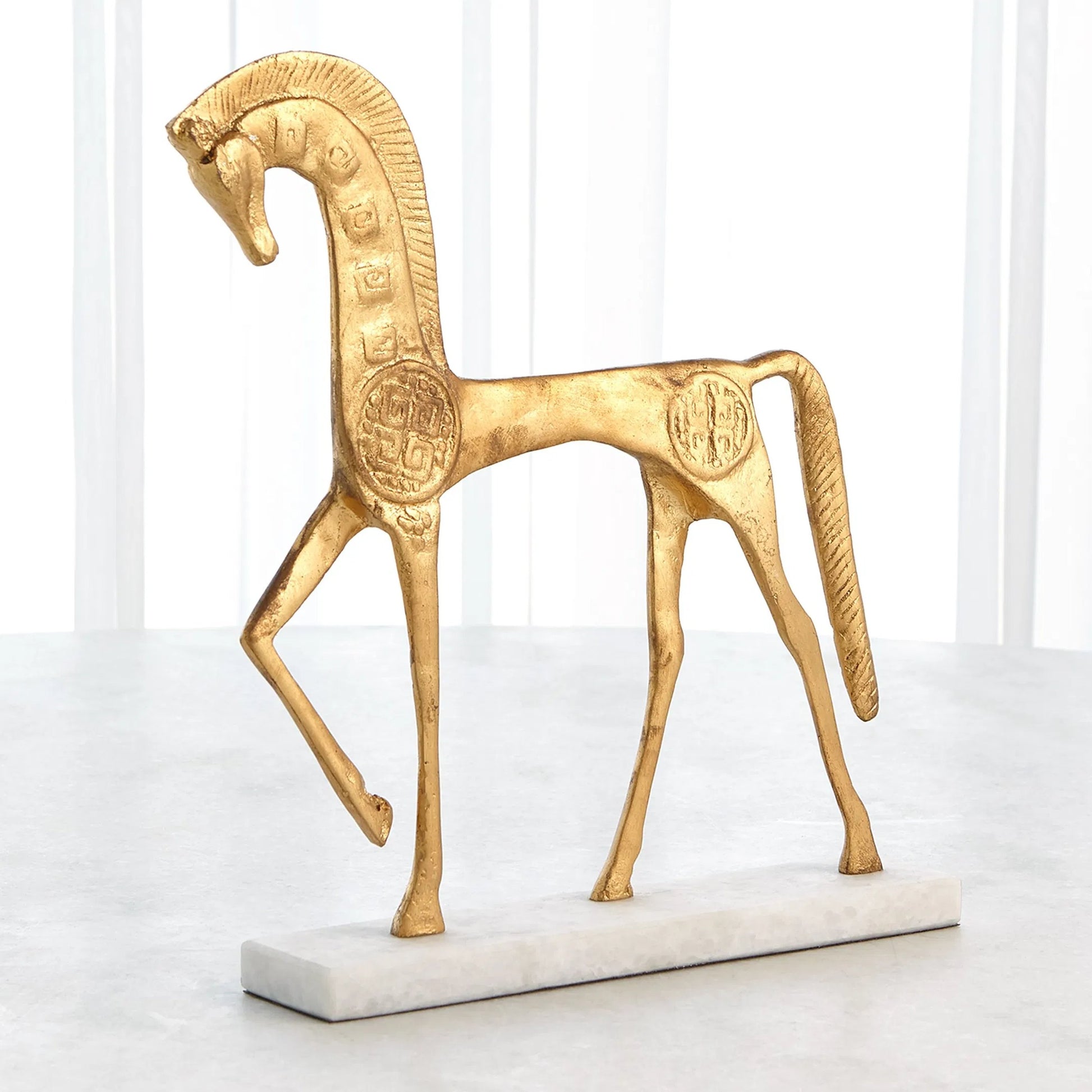 Roman Horse by Global Views in gold. Made from cast steel 50%, white marble 50% in a unique style.