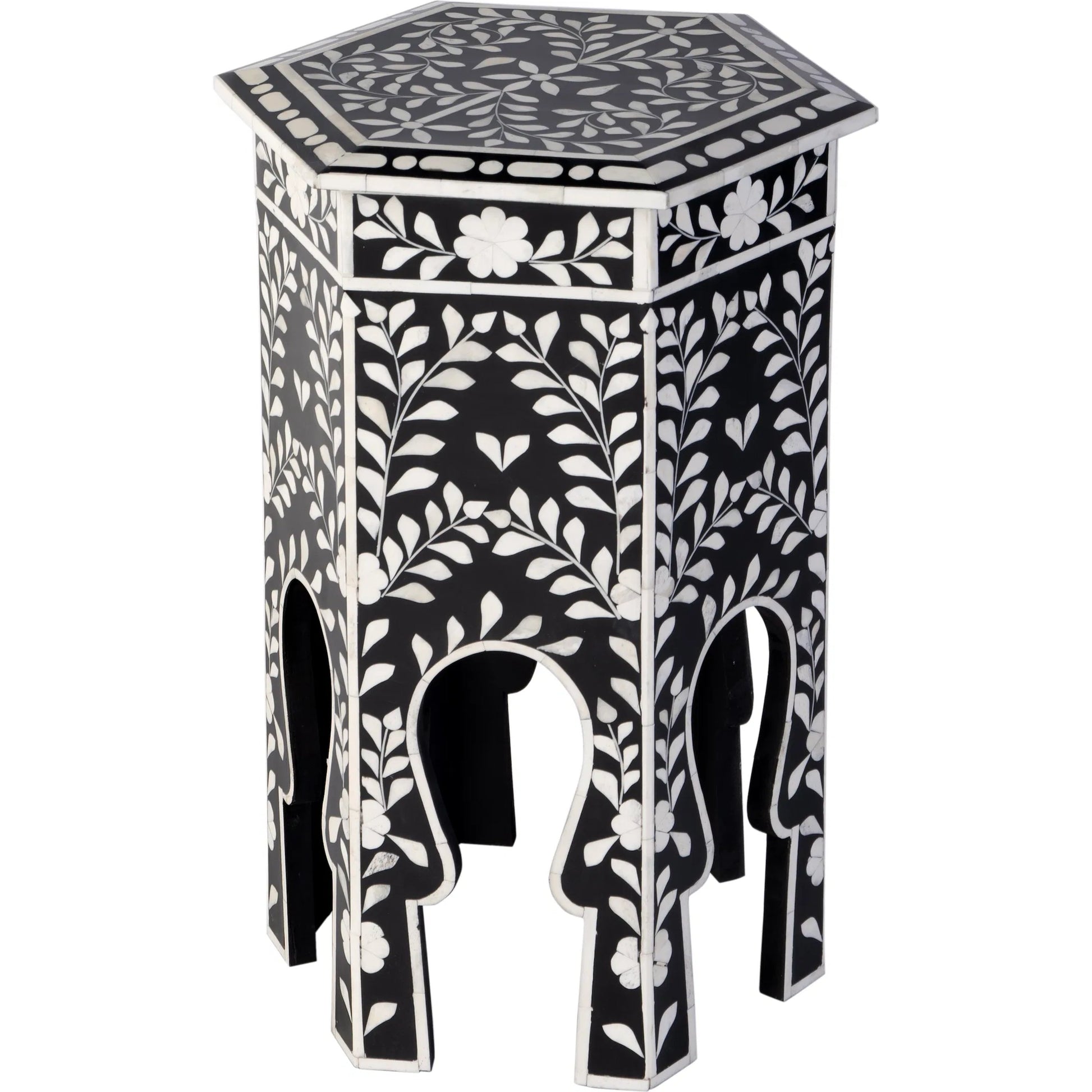 Amaya Side Table by Butler Specialty Company in black, white and black bone. Made from mdf, resin, bone-inlay in a traditional style.