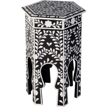 Amaya Side Table by Butler Specialty Company in black, white and black bone. Made from mdf, resin, bone-inlay in a traditional style.