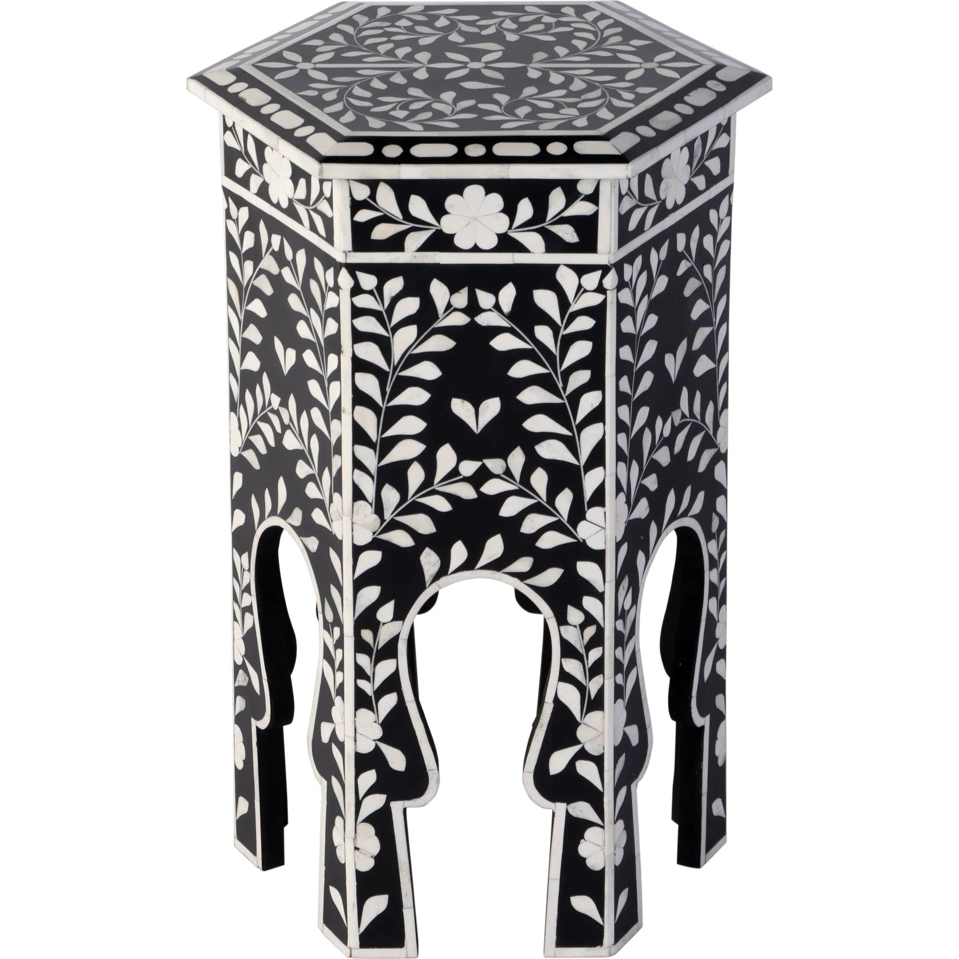 Amaya Side Table by Butler Specialty Company in black, white and black bone. Made from mdf, resin, bone-inlay in a traditional style.