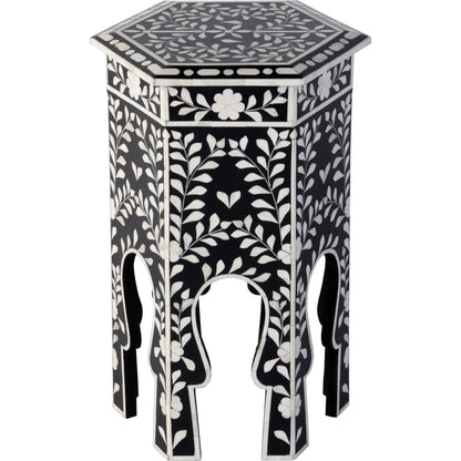 Amaya Side Table by Butler Specialty Company in black, white and black bone. Made from mdf, resin, bone-inlay in a traditional style.