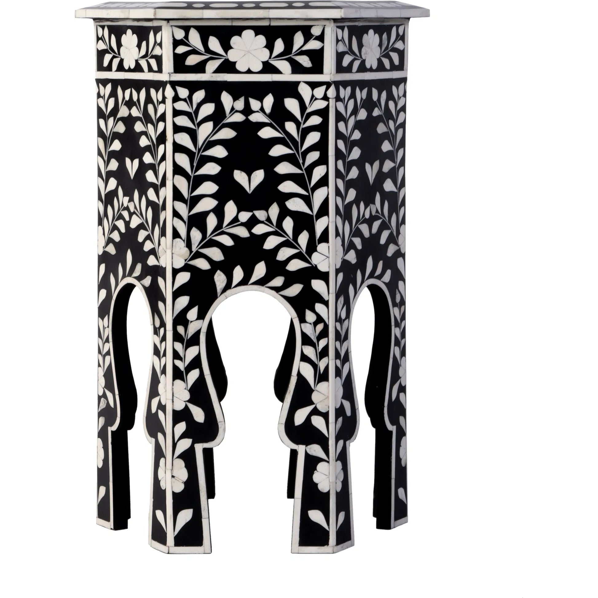 Amaya Side Table by Butler Specialty Company in black, white and black bone. Made from mdf, resin, bone-inlay in a traditional style.