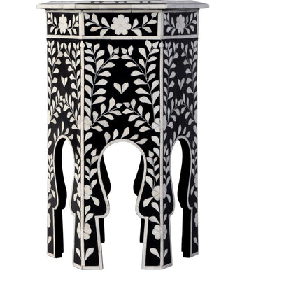 Amaya Side Table by Butler Specialty Company in black, white and black bone. Made from mdf, resin, bone-inlay in a traditional style.