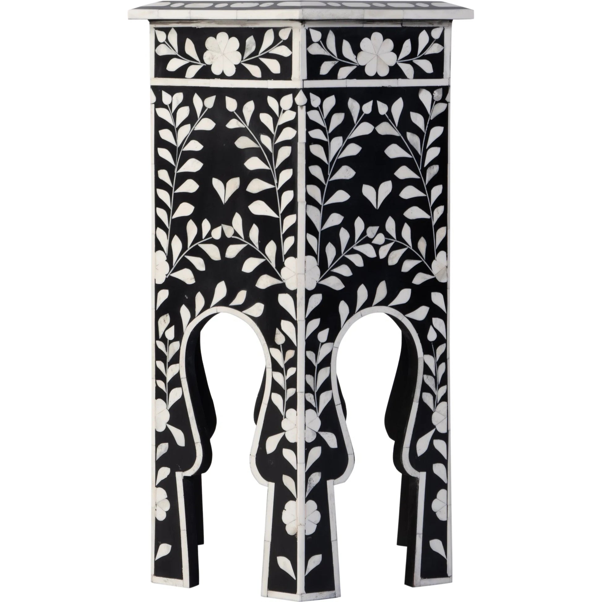 Amaya Side Table by Butler Specialty Company in black, white and black bone. Made from mdf, resin, bone-inlay in a traditional style.