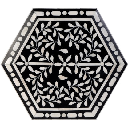 Amaya Side Table by Butler Specialty Company in black, white and black bone. Made from mdf, resin, bone-inlay in a traditional style.