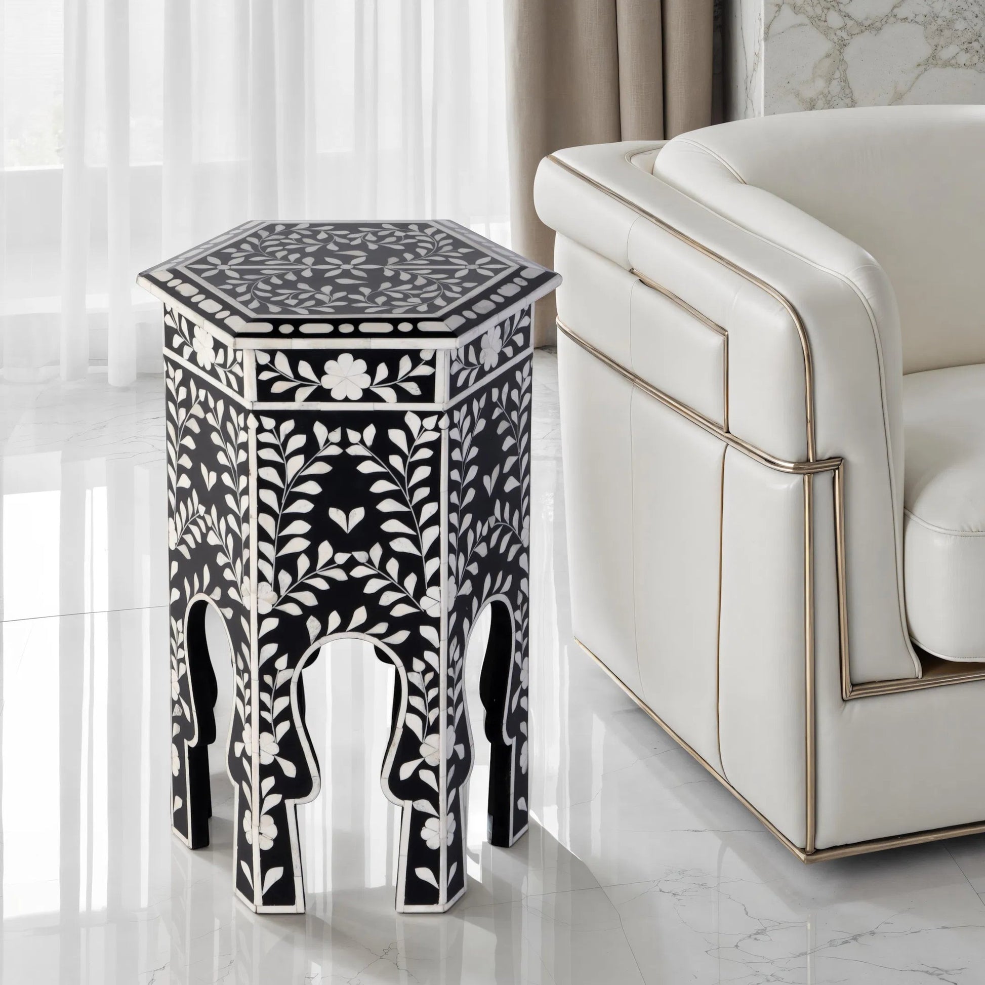 Amaya Side Table by Butler Specialty Company in black, white and black bone. Made from mdf, resin, bone-inlay in a traditional style.