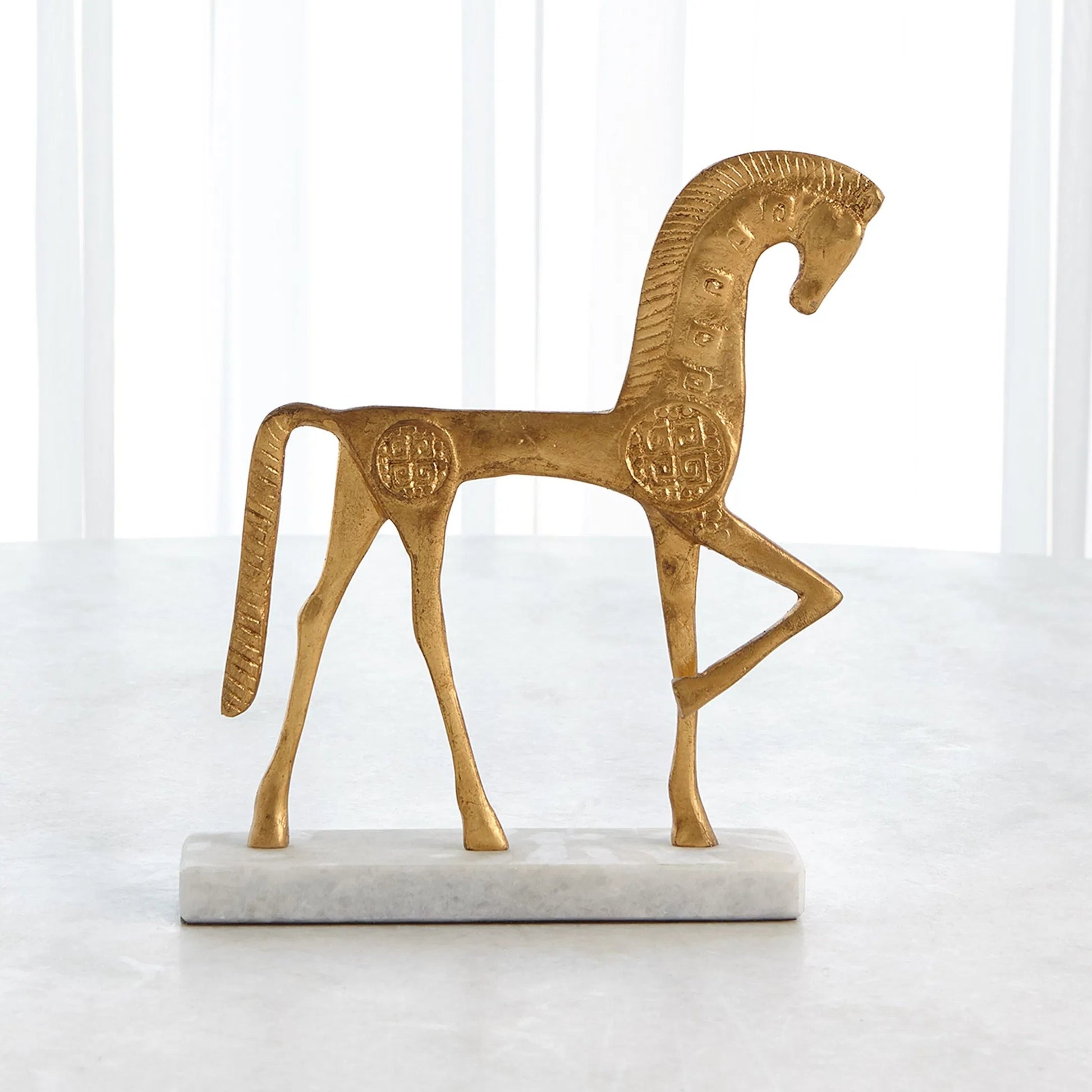 Roman Horse by Global Views in gold. Made from cast steel 50%, white marble 50% in a unique style.