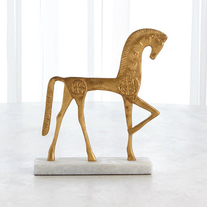Roman Horse by Global Views in gold. Made from cast steel 50%, white marble 50% in a unique style.