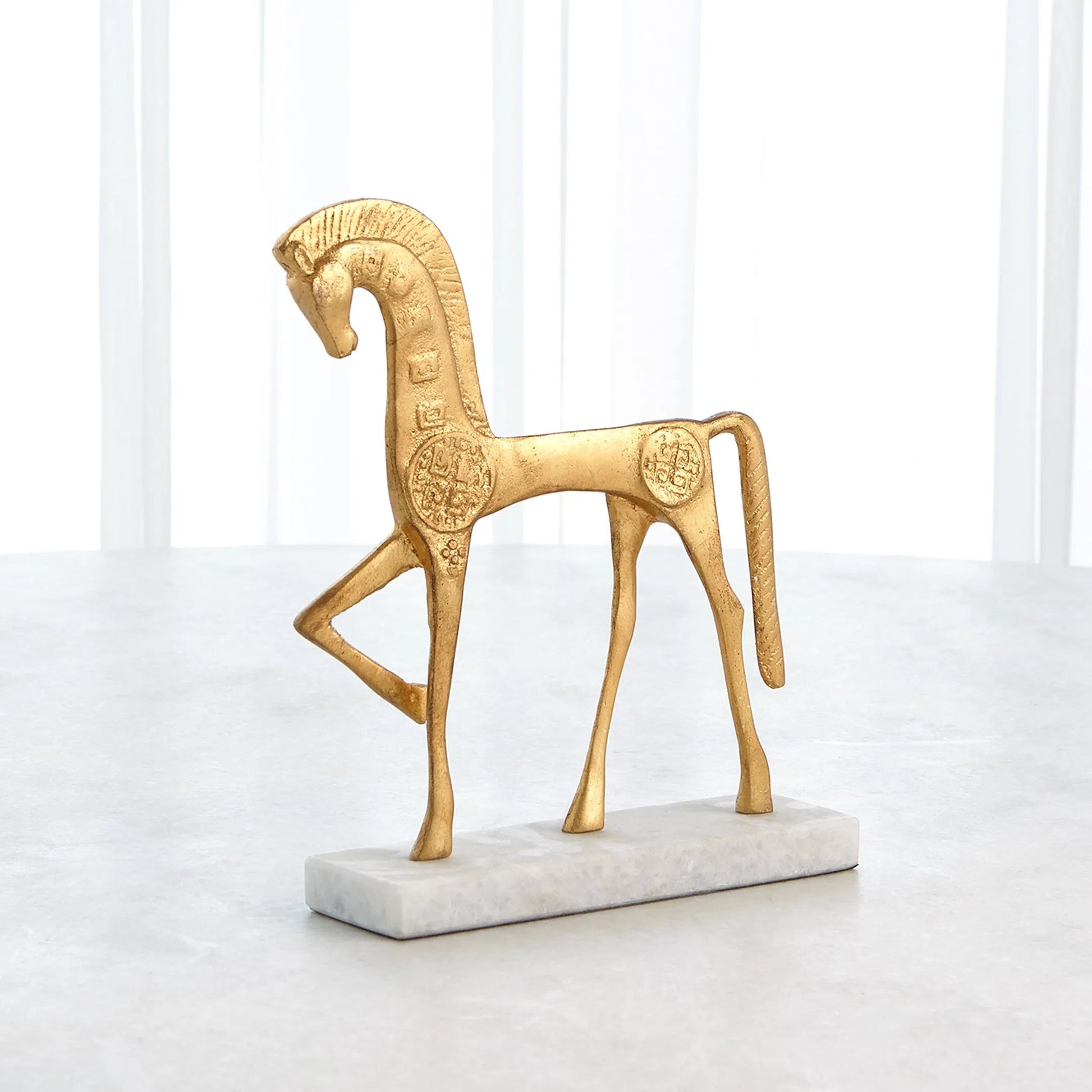 Roman Horse by Global Views in gold. Made from cast steel 50%, white marble 50% in a unique style.