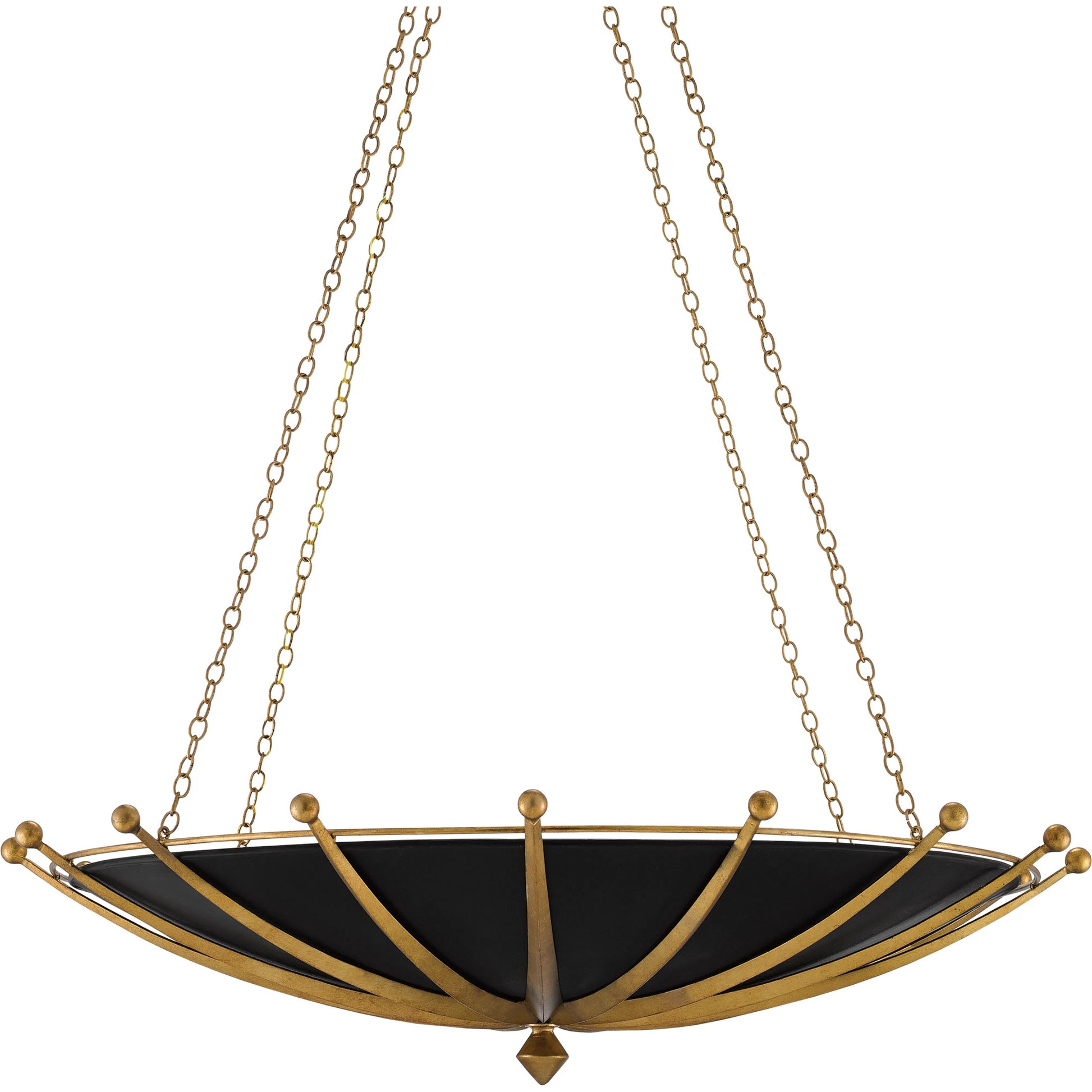 Fontaine Chandelier by Currey and Company in antique gold leaf, contemporary gold leaf, satin black. Made from wrought iron in a transitional style.