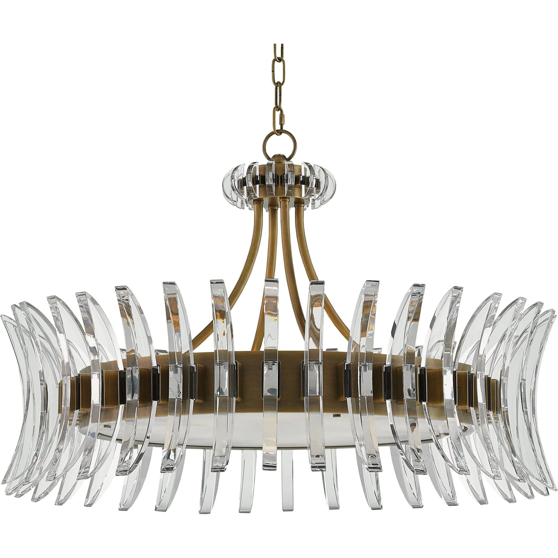 Coquette Brass Chandelier by Currey and Company in antique brass. Made from metal, crystal in a modern style.