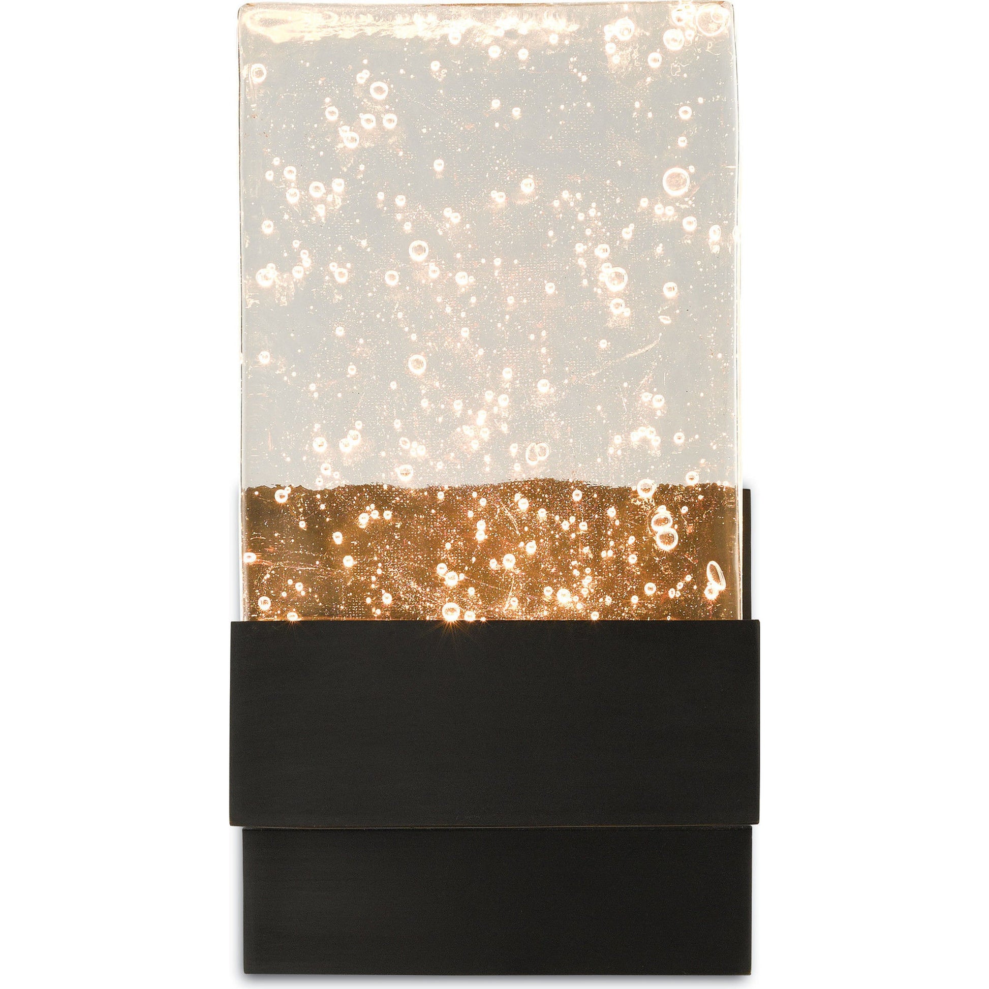 Penzance Wall Sconce by Currey and Company in oil rubbed bronze. Made from metal, seeded glass in a modern style.