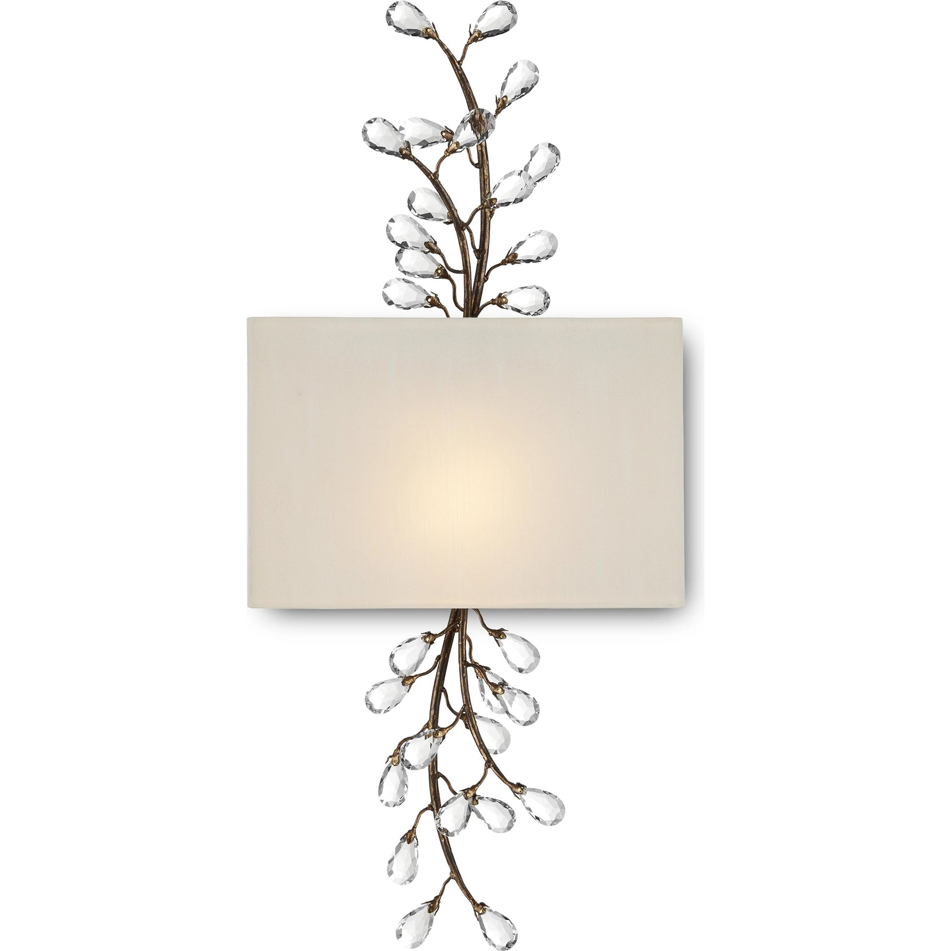 Crystal Bud Tall Wall Sconce by Currey and Company in cupertino. Made from wrought iron, crystal in a modern style.