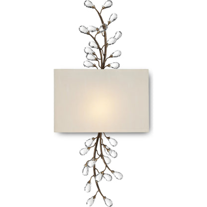 Crystal Bud Tall Wall Sconce by Currey and Company in cupertino. Made from wrought iron, crystal in a modern style.