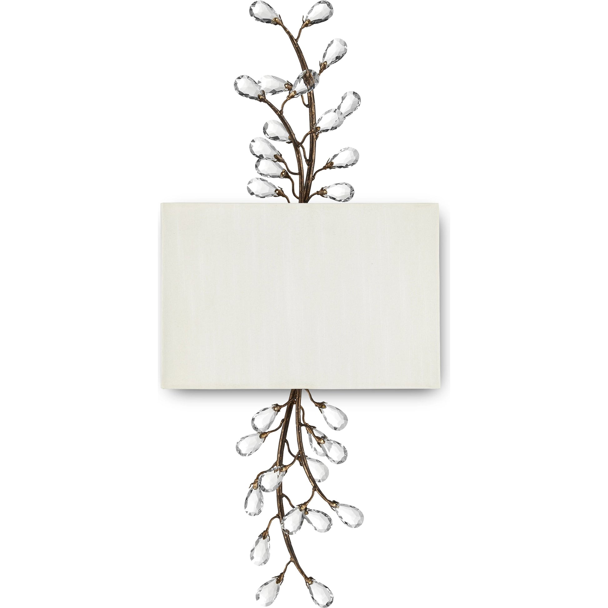 Crystal Bud Tall Wall Sconce by Currey and Company in cupertino. Made from wrought iron, crystal in a modern style.