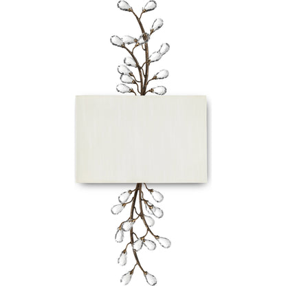 Crystal Bud Tall Wall Sconce by Currey and Company in cupertino. Made from wrought iron, crystal in a modern style.