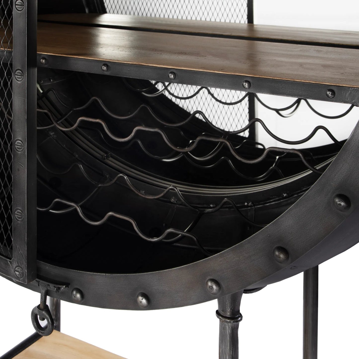 006 SI-2448207 | Closeup | Roanoke Bar Cabinet by Butler Specialty Company in black. Made from iron, mango wood, mirror in a traditional style.