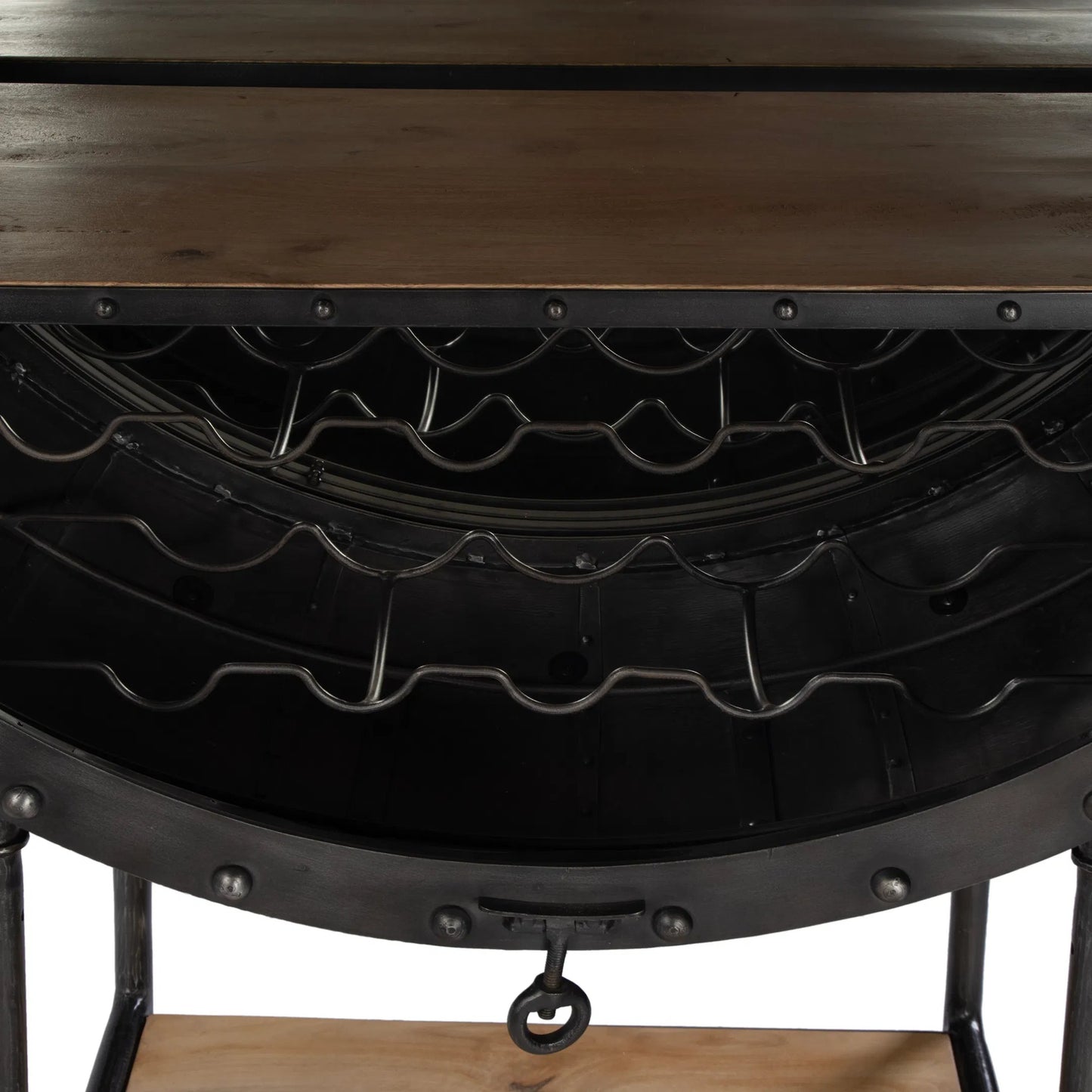 007 SI-2448207 | Closeup | Roanoke Bar Cabinet by Butler Specialty Company in black. Made from iron, mango wood, mirror in a traditional style.